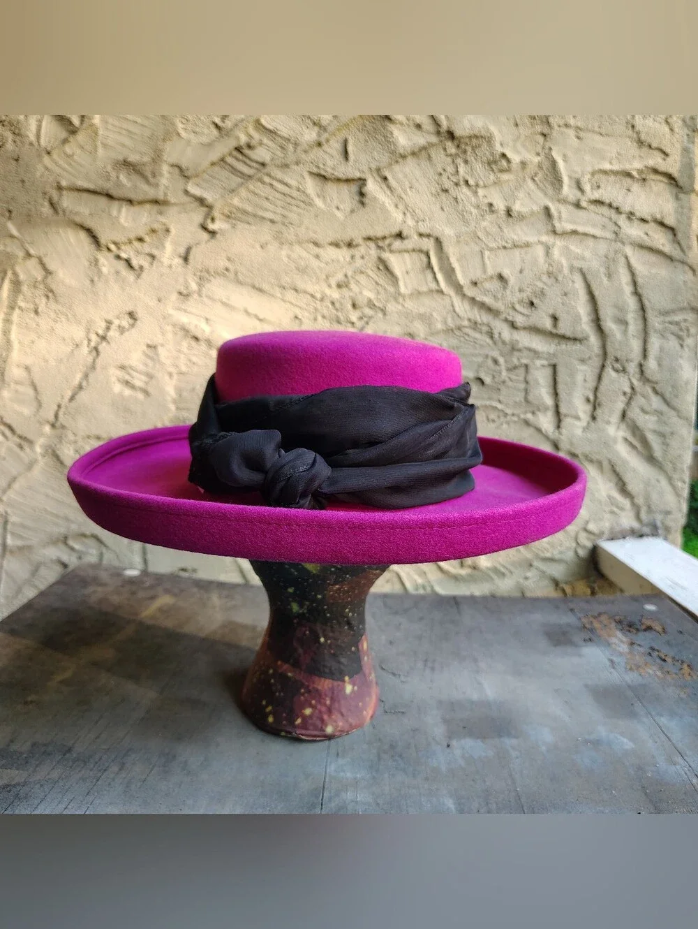 80s Vintage Hat Women's Hot Pink Wool W/ Black Ribbon Bow Wide Brim USA Vtg